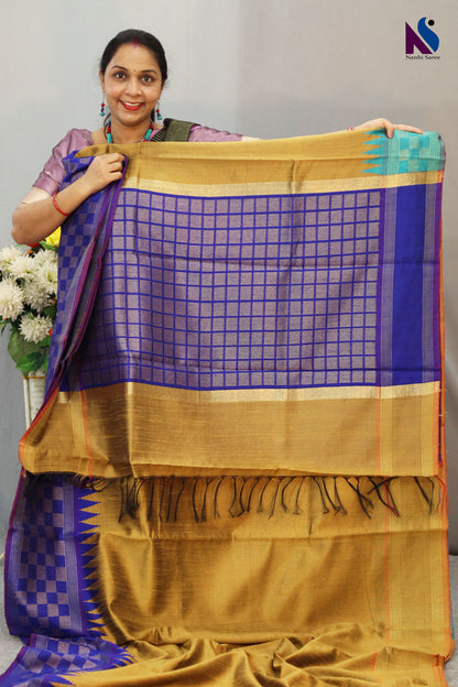 Attractive Handloom Flema Silk Saree with Blue pallu Golden body – Beautiful Colour Combination