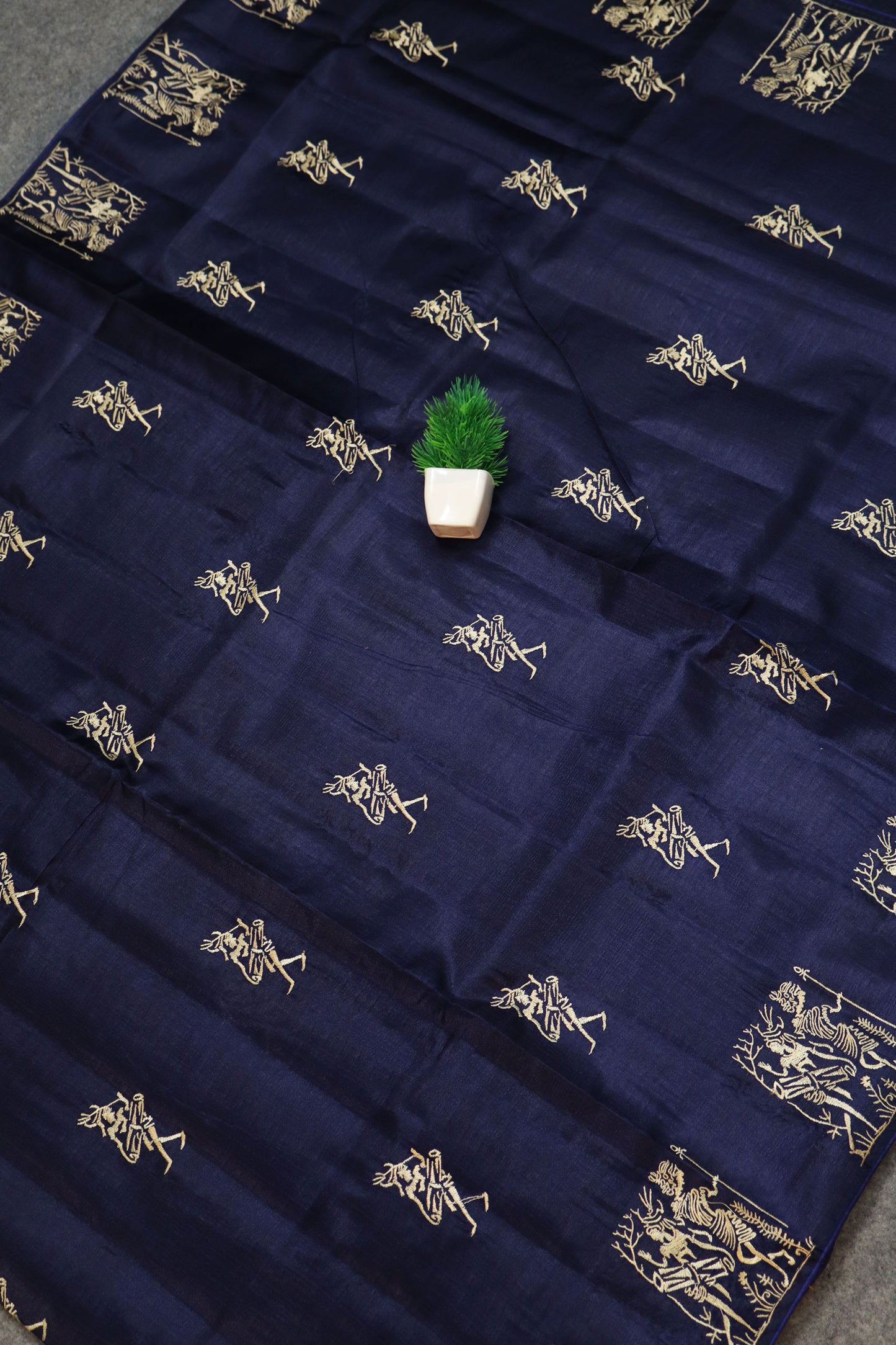 Deep Navy Blue Tussar Silk Saree Showcasing Heritage Handloom Weaving And Embroidery