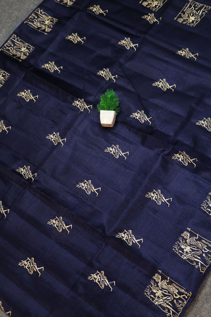Deep Navy Blue Tussar Silk Saree Showcasing Heritage Handloom Weaving And Embroidery