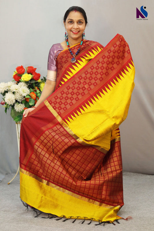 Classic Yellow Red Handloom Flema Silk Saree – Rich Colour Combination