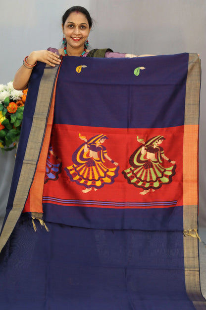 "Elegant navy blue hand-woven saree, crafted with intricate artistry."