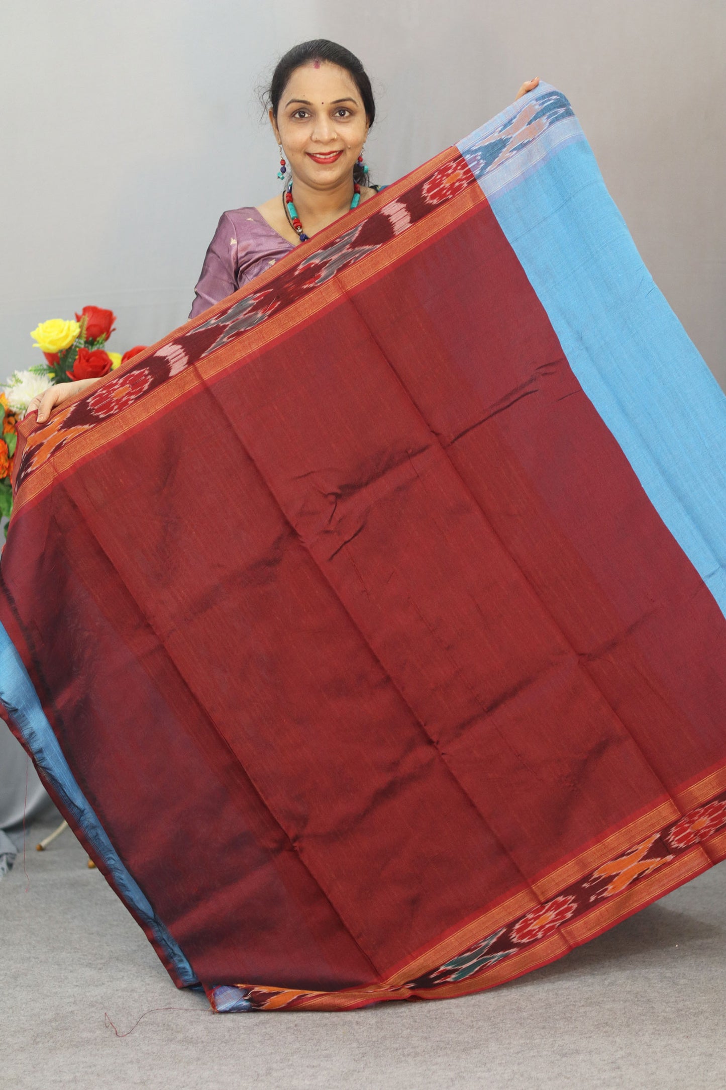 Traditional Handwoven Flema Silk Saree, sky blue Ikkat Border