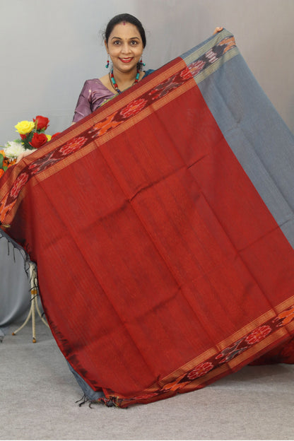 Beautiful Handwoven Flema Silk Saree in grey Ikkat border
