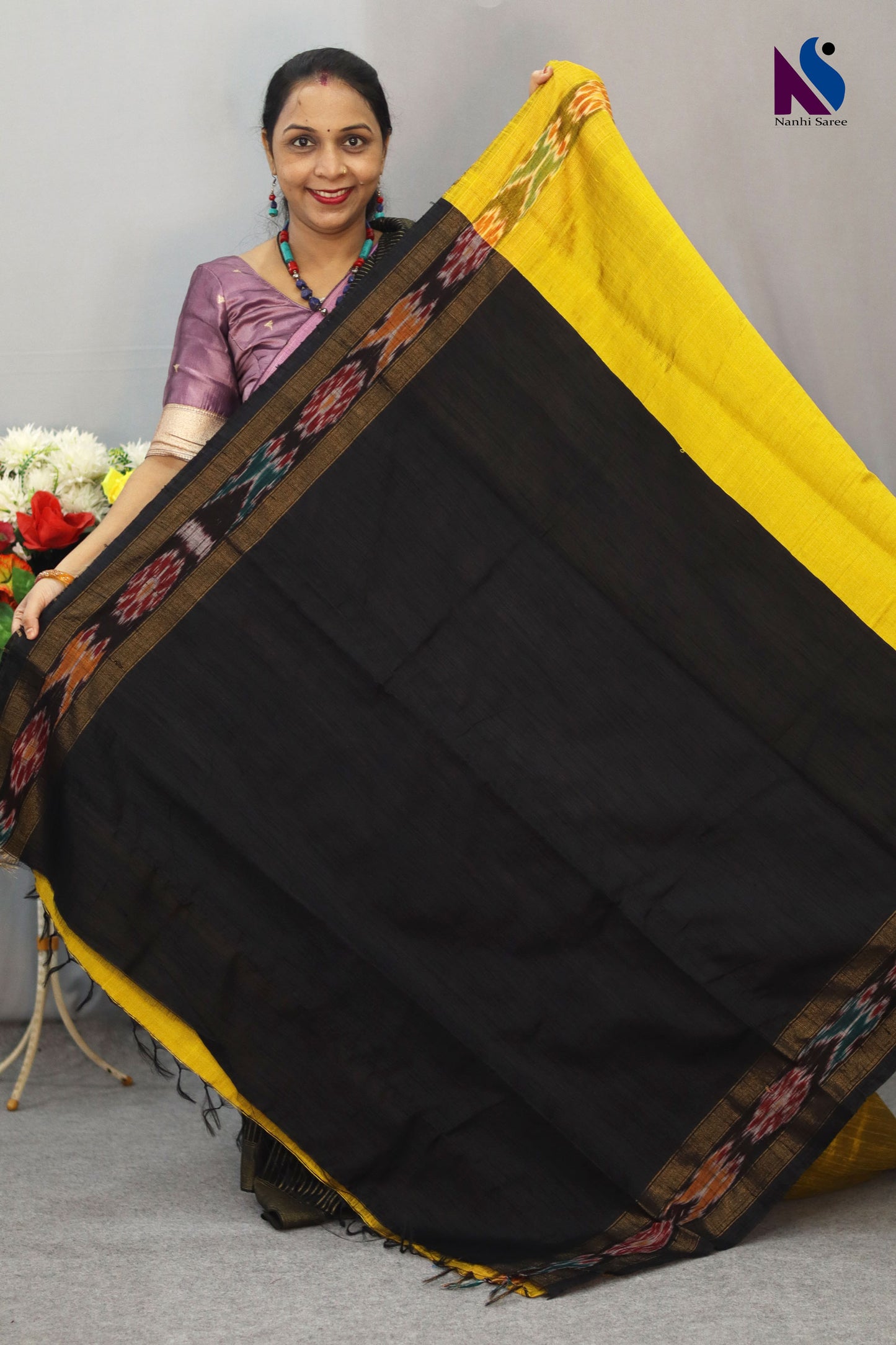 Traditional Handloom flema silk Saree with Mustard yellow pochampalli pallu ekkat Border
