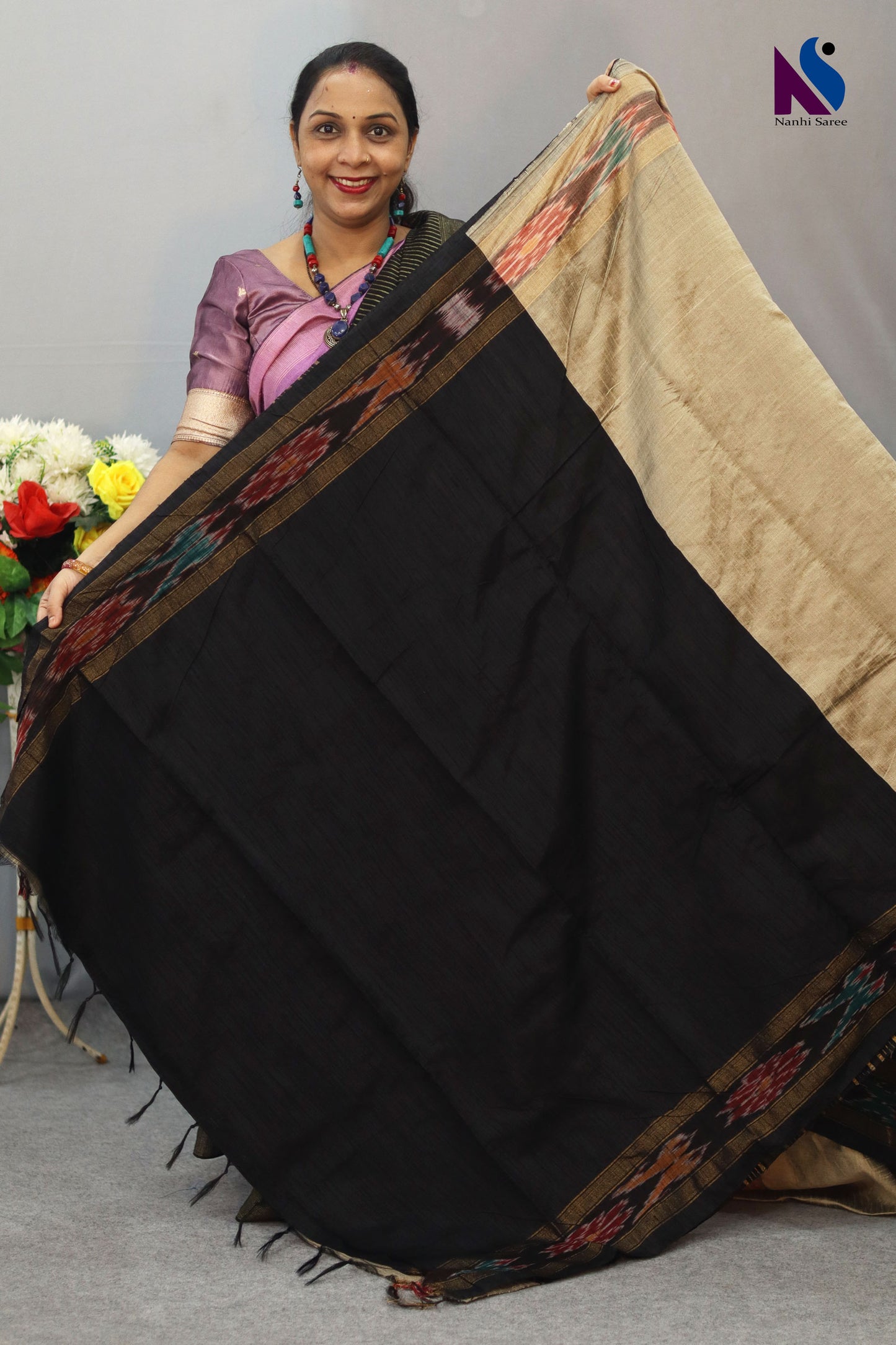 Traditional Handloom flema silk Saree with tussar Colour black pochampalli Pallu ekkat border