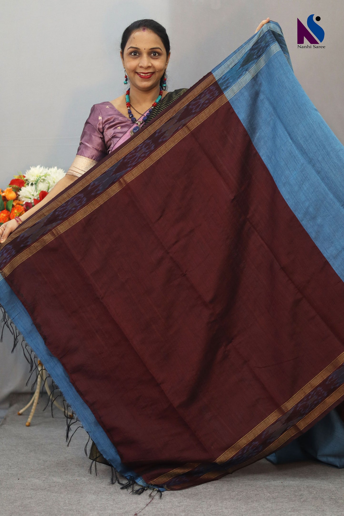 Premium Handloom flema silk Saree with Maroon Pochampalli Design ekkat border