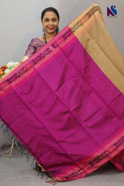 Graceful Handloom flema silk Saree with Tussar Body Pink pochampalli Pallu ekkat border