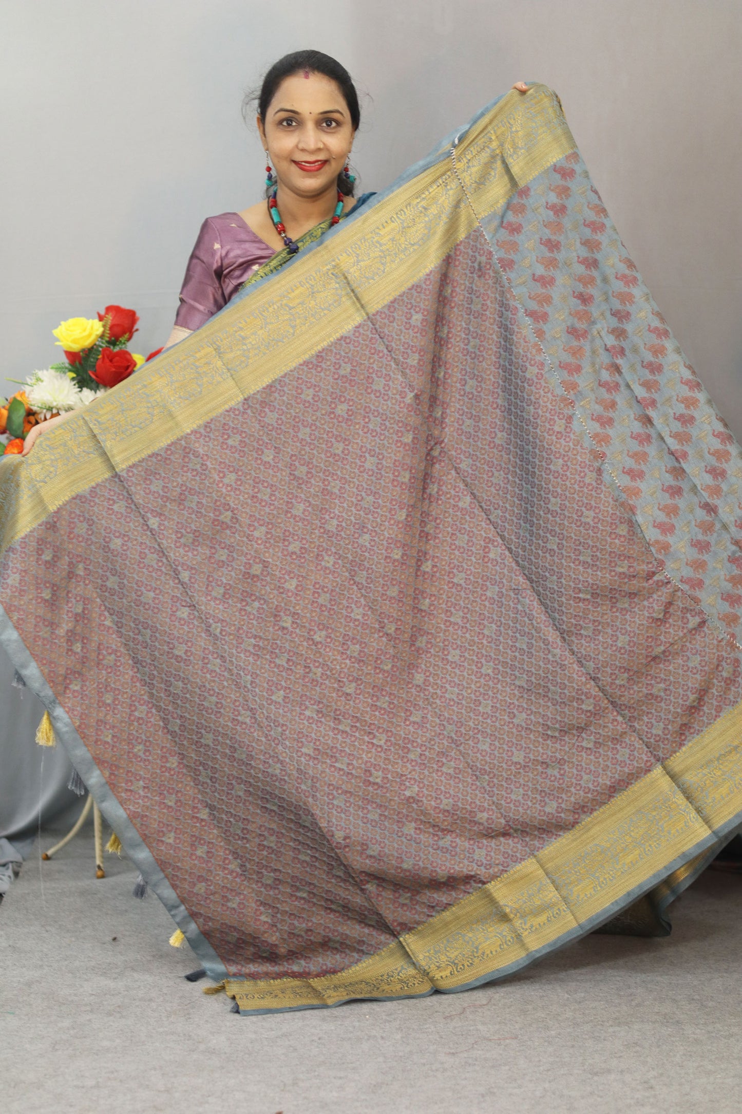 Beautiful Light Grey Powerloom  soft Saree with Classic Weaving