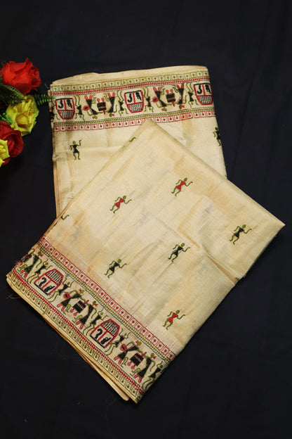 Rich Embroidered Natural Tussar Silk Handloom Saree With Soft Lightweight Feel