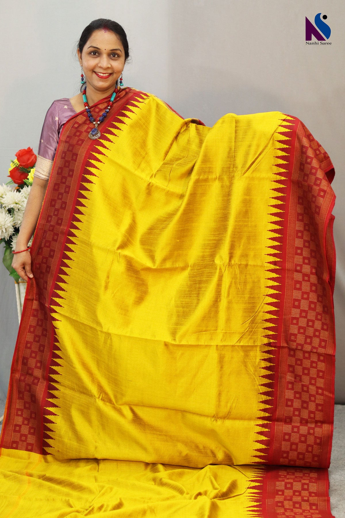 Classic Yellow Red Handloom Flema Silk Saree – Rich Colour Combination