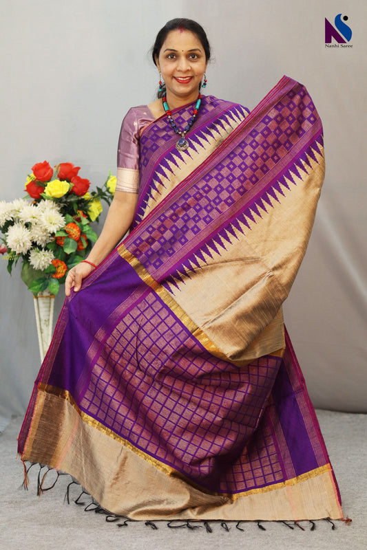 Elegant Dark Cream Handloom Flema Silk Saree with Purple Pallu