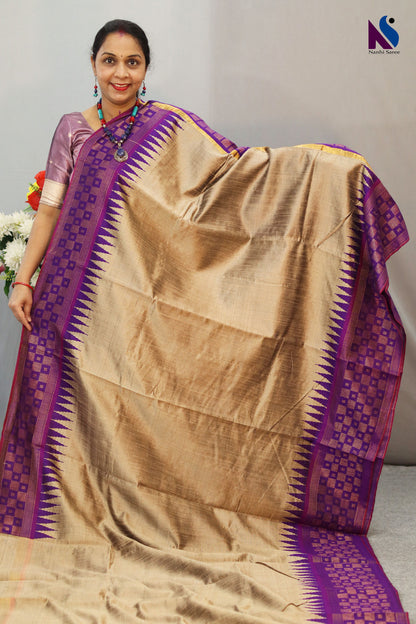 Elegant Dark Cream Handloom Flema Silk Saree with Purple Pallu