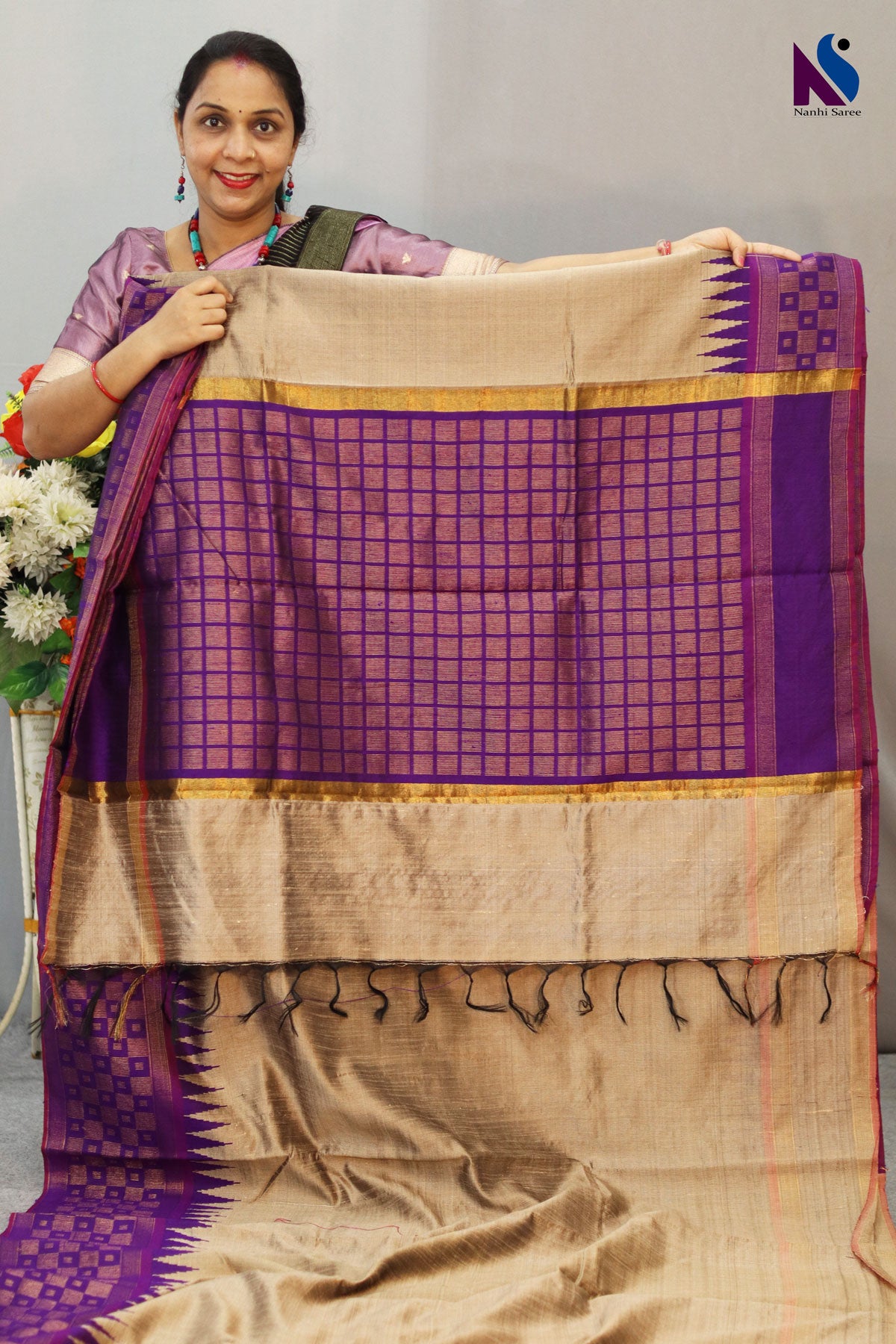 Elegant Dark Cream Handloom Flema Silk Saree with Purple Pallu
