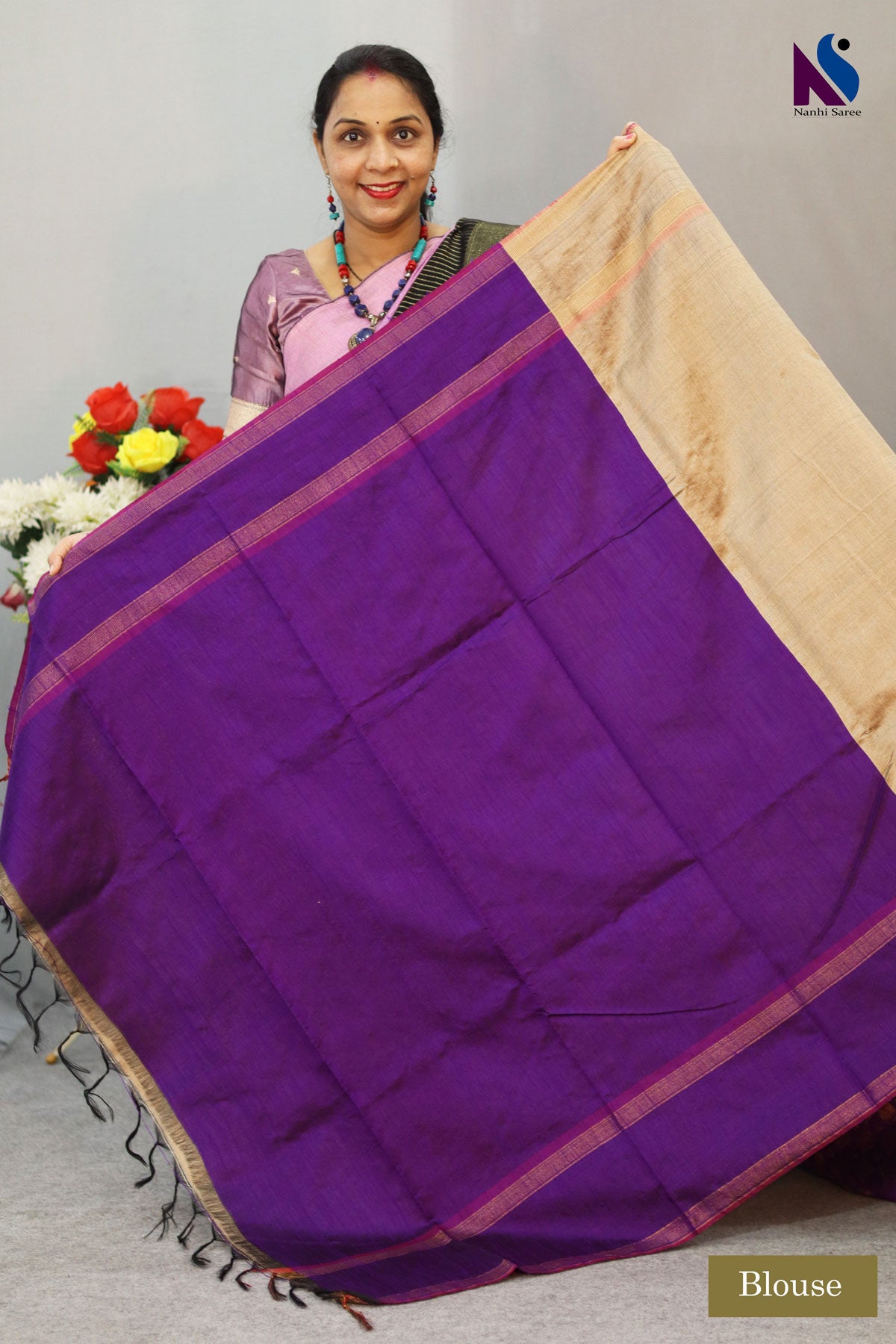 Elegant Dark Cream Handloom Flema Silk Saree with Purple Pallu
