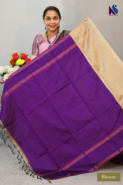 Elegant Dark Cream Handloom Flema Silk Saree with Purple Pallu