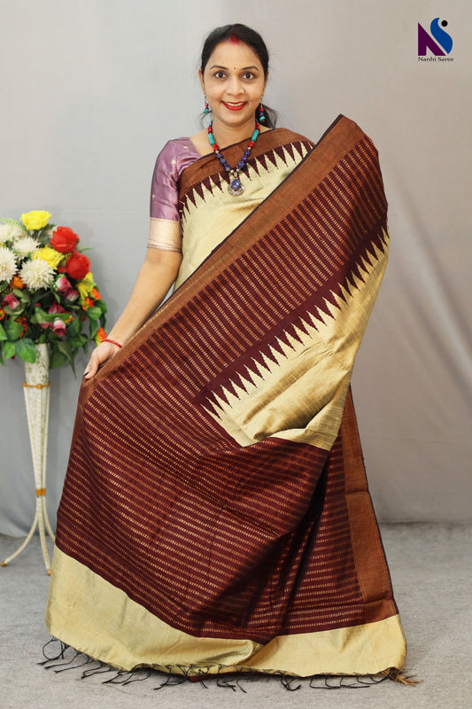 Handwoven coffie Pallu Flema Silk Saree khapa fera design – cream tussar colour Highlights