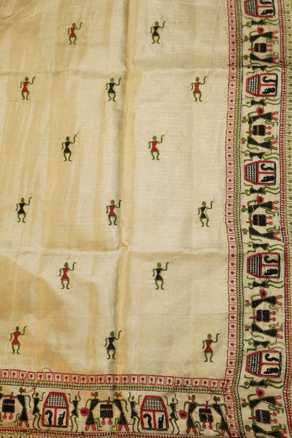 Rich Embroidered Natural Tussar Silk Handloom Saree With Soft Lightweight Feel