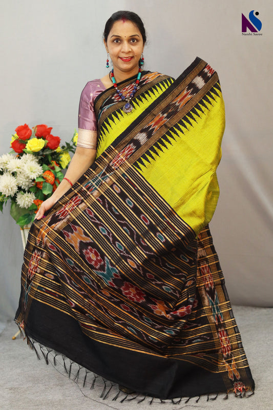 Elegant Lemon Yellow pochampalli Handloom Flema Silk Saree with Black Pallu ekkat border
