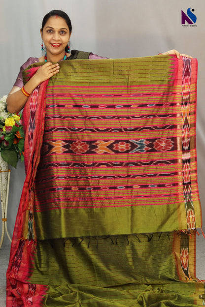 Subtle mehendi tones highlight the elegance of this Pochampally handloom saree