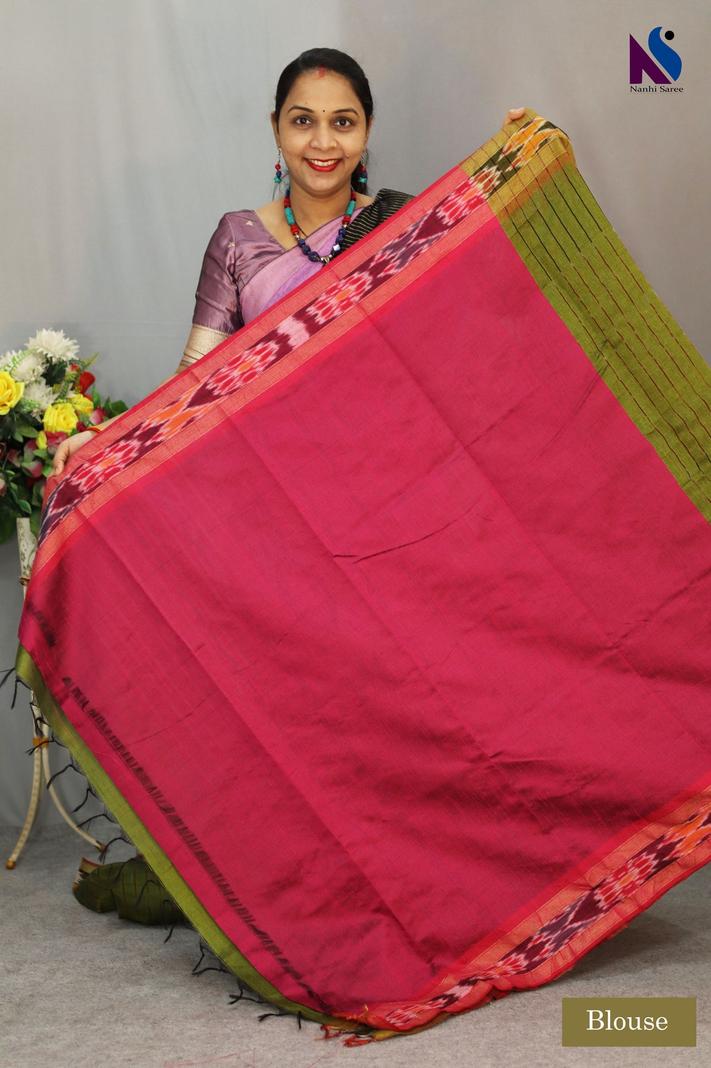 Subtle mehendi tones highlight the elegance of this Pochampally handloom saree