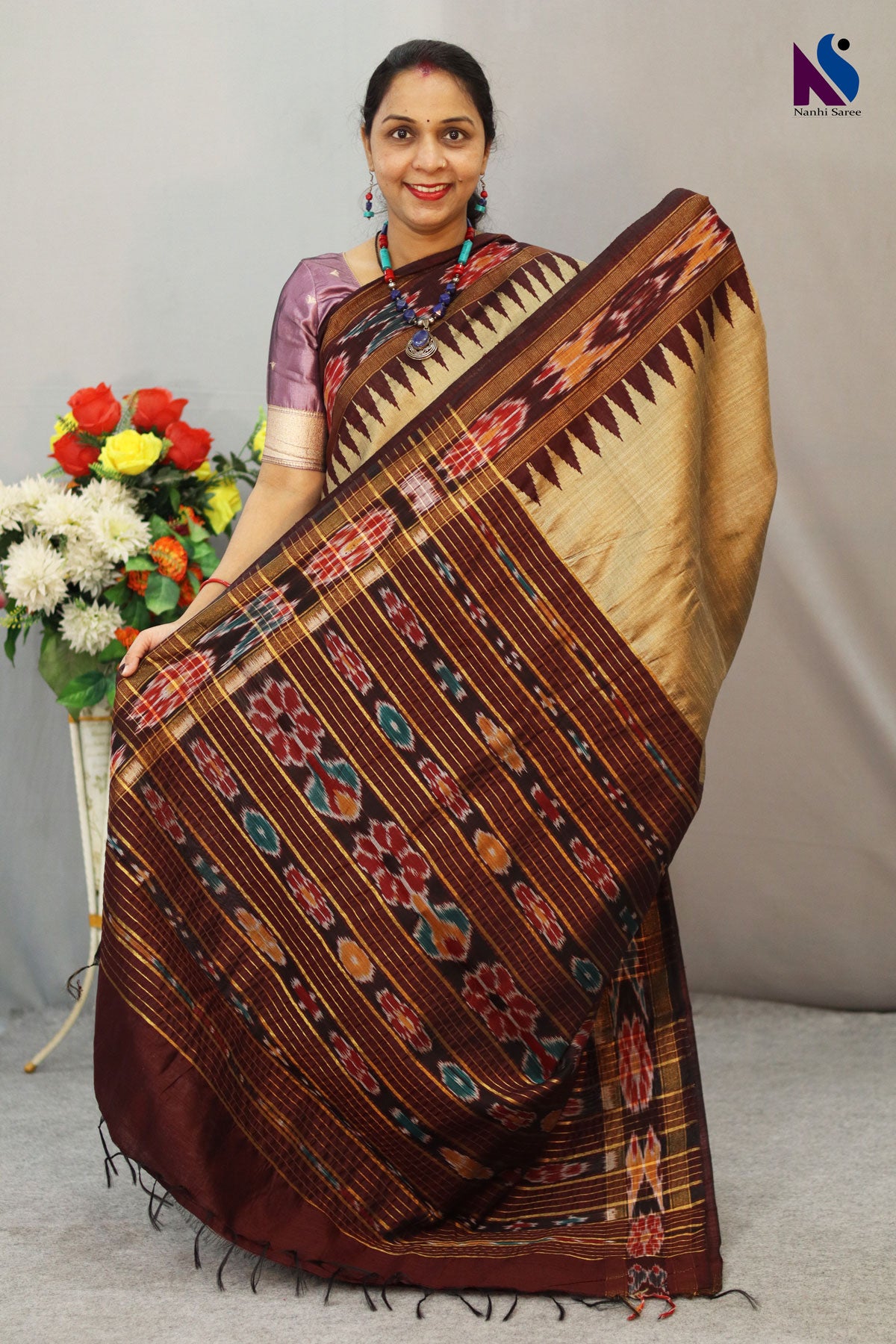 Attractive pochampalli design Flema Silk Saree with ekkat border – Beautiful Colour Combination