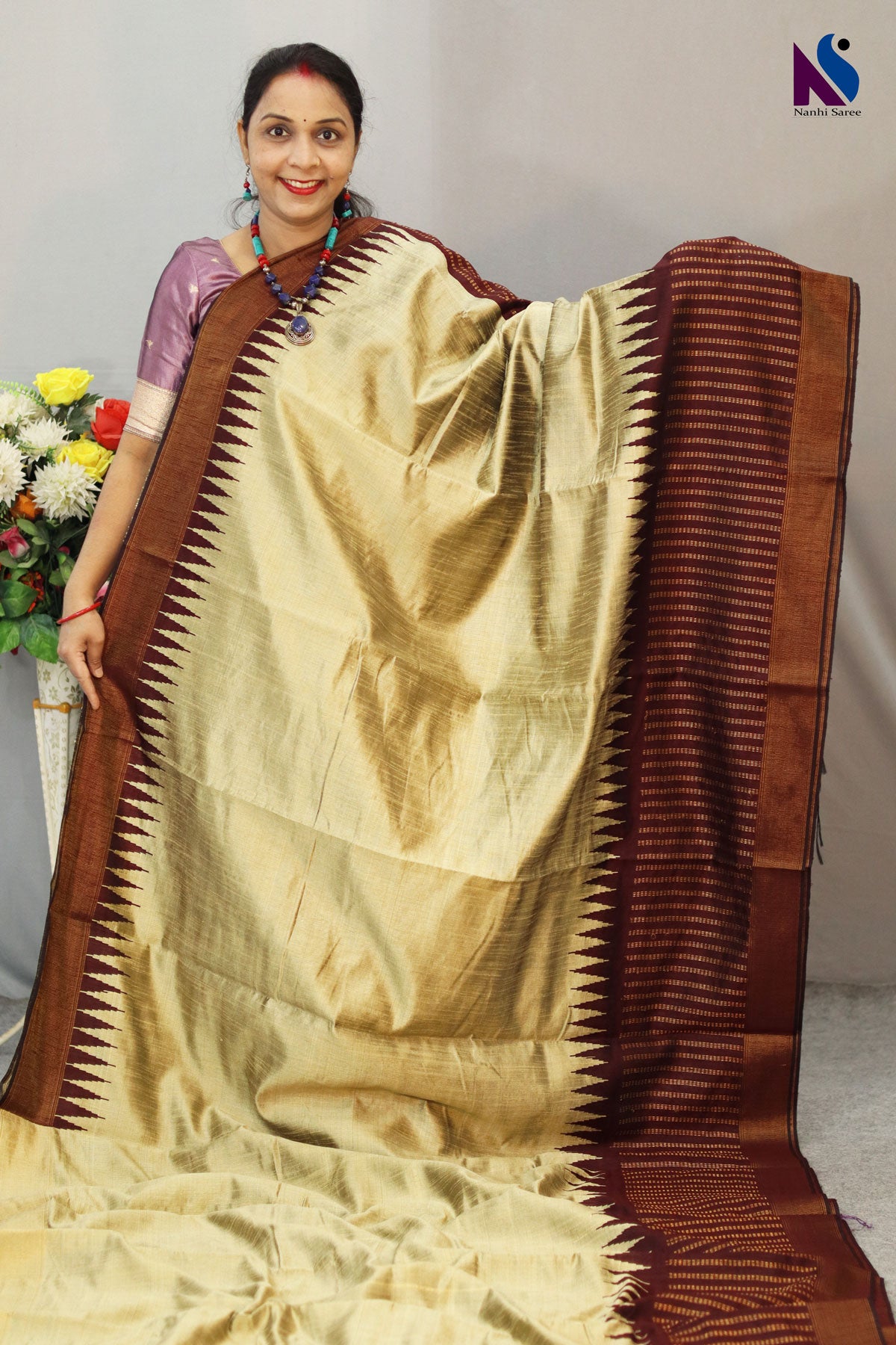 Handwoven coffie Pallu Flema Silk Saree khapa fera design – cream tussar colour Highlights