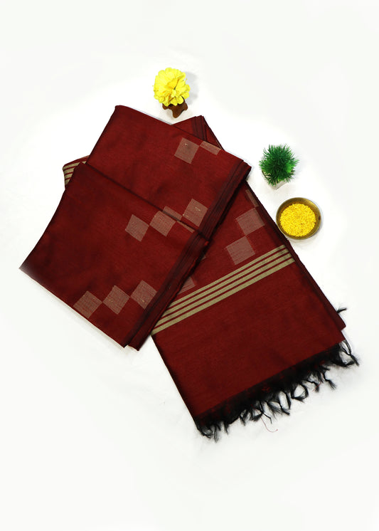 Deep wine red art silk saree with rich texture and traditional charm
