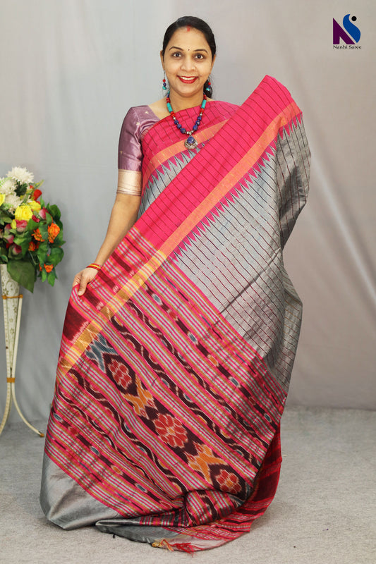 Grey color handloom saree with classic Pochampally geometric design