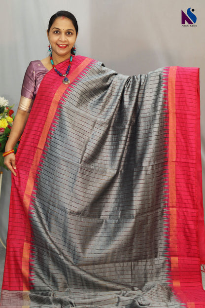 Grey color handloom saree with classic Pochampally geometric design