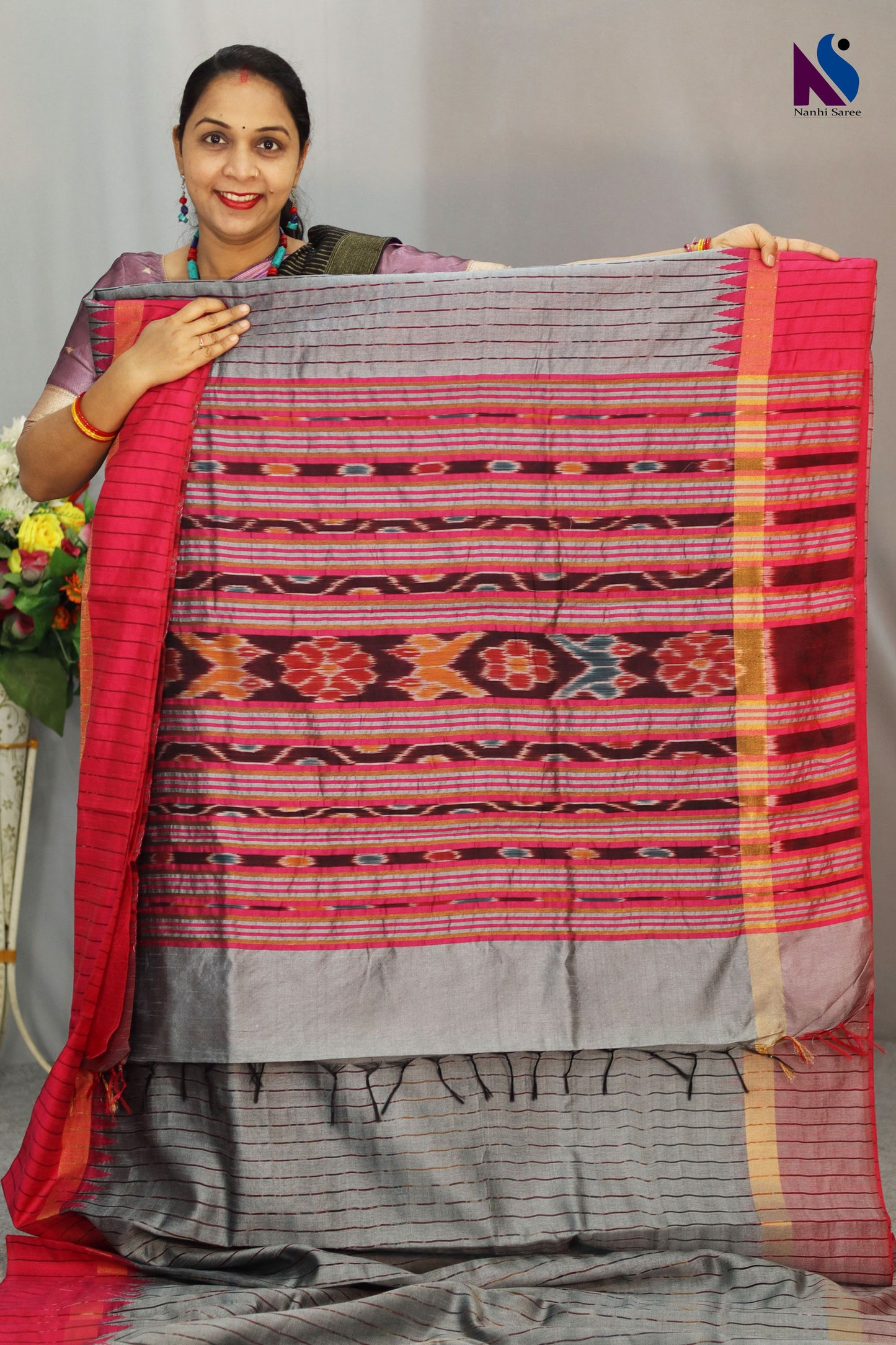 Grey color handloom saree with classic Pochampally geometric design