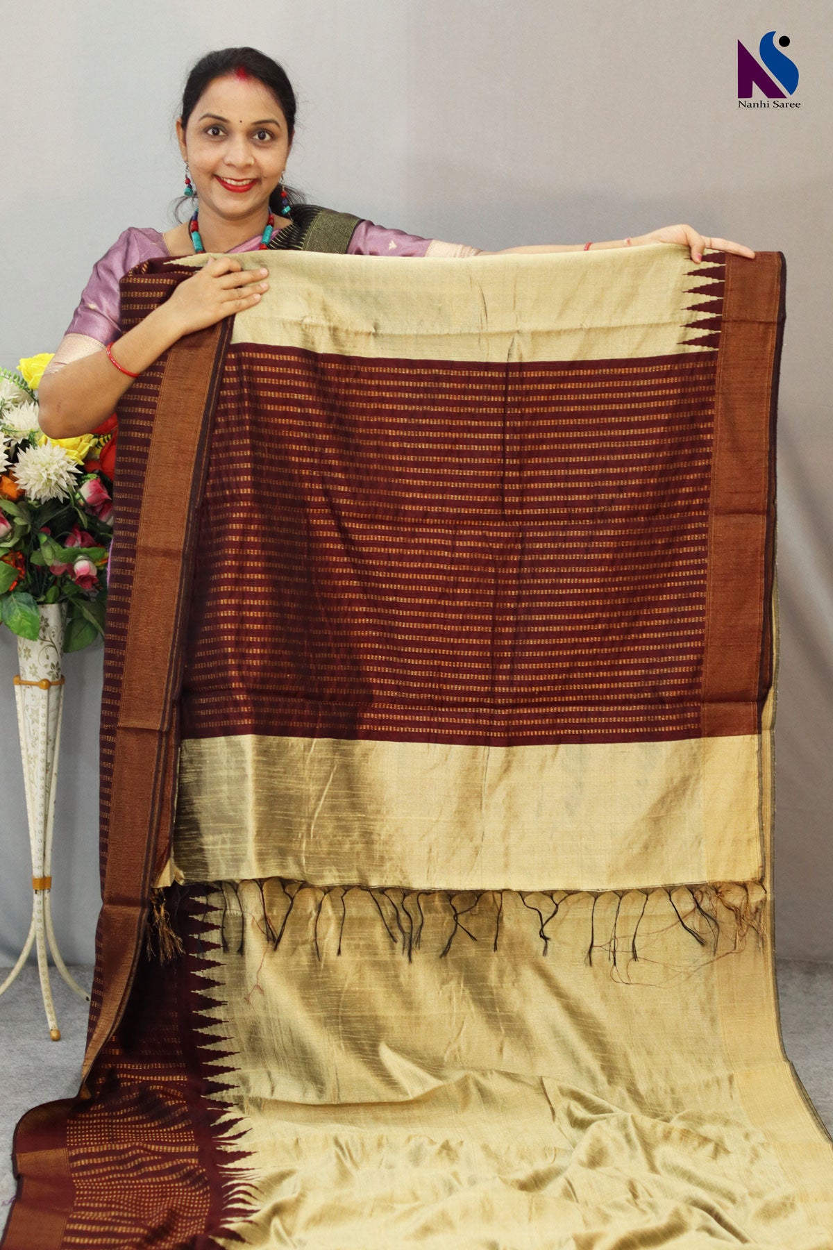 Handwoven coffie Pallu Flema Silk Saree khapa fera design – cream tussar colour Highlights