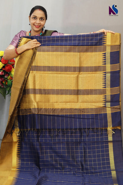 Classic golden and deep blue blend with timeless handwoven artistry saree