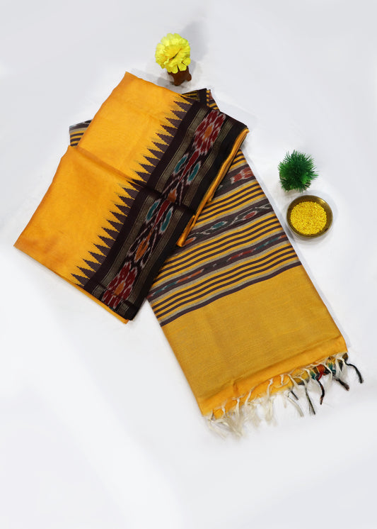 Bright turmeric yellow saree in art silk perfect for festive occasions