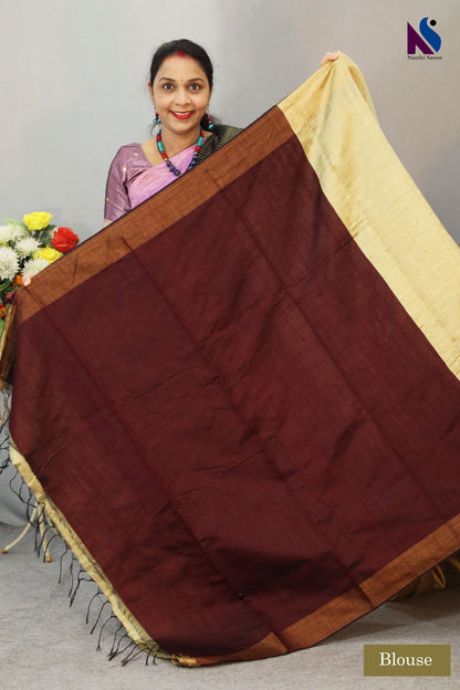 Handwoven coffie Pallu Flema Silk Saree khapa fera design – cream tussar colour Highlights