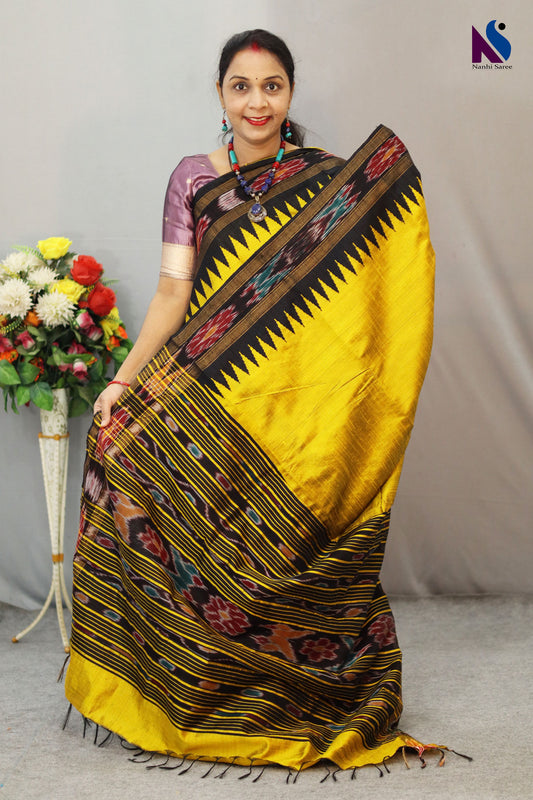 Traditional golden Yellow Body Flema Silk Saree Featuring Black ekkat Pallu Accent