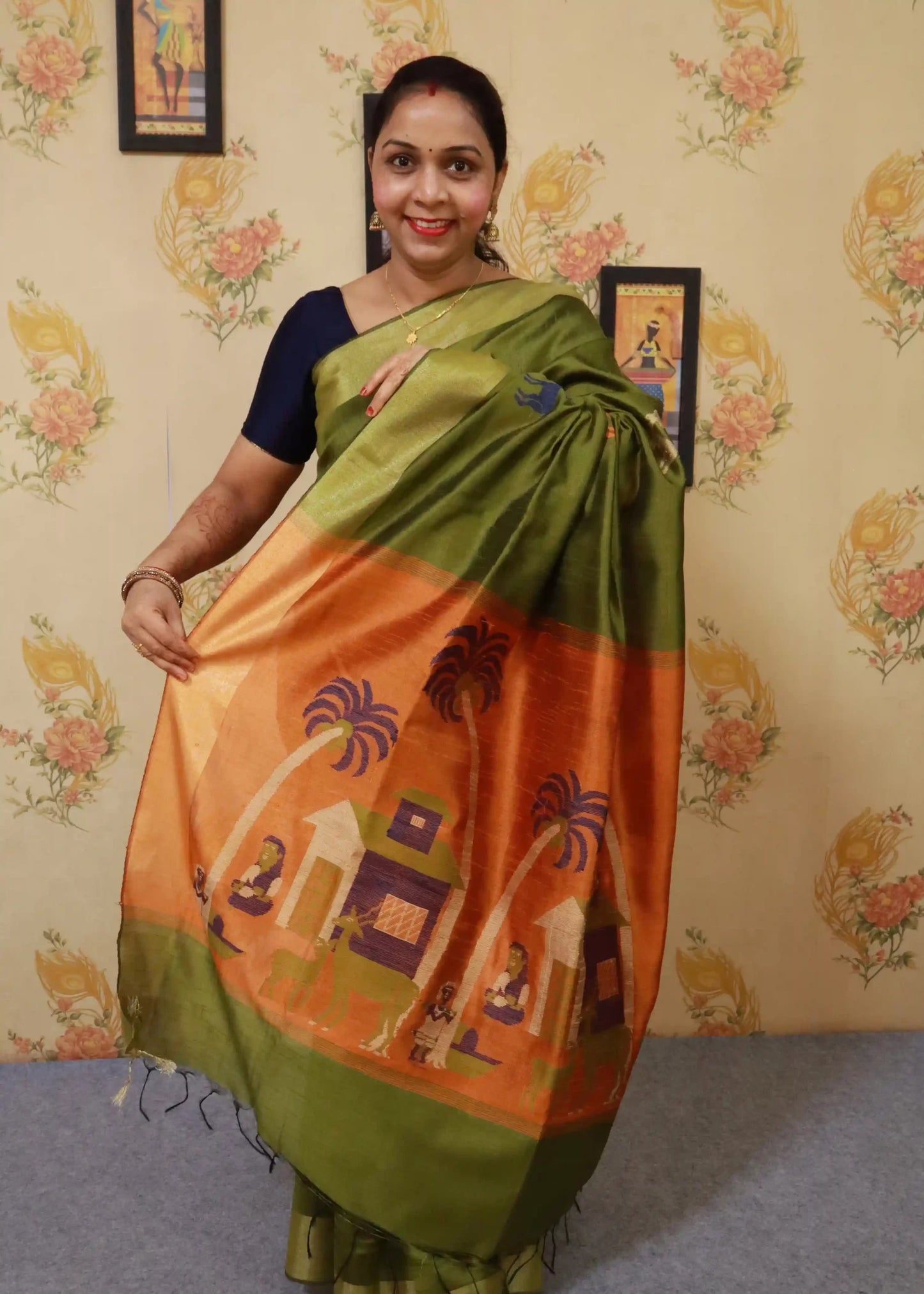 Mehndi Colour Saree with Elegant Orange Pallu"Art Silk"