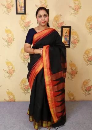 "Elegant black art silk saree with beautifully designed pallu."