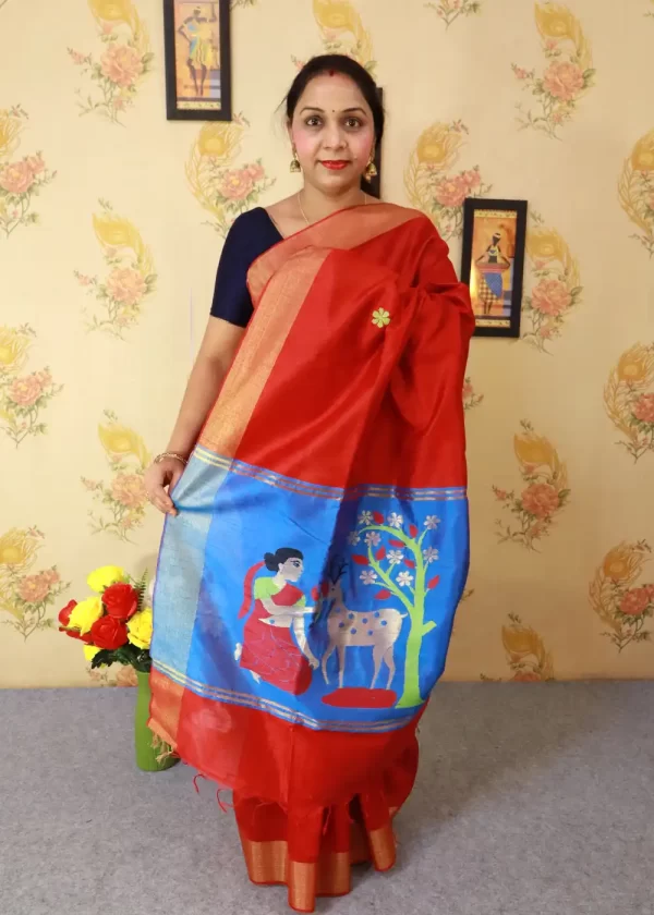 "Vibrant red art silk saree with beautifully crafted pallu." - Image 2