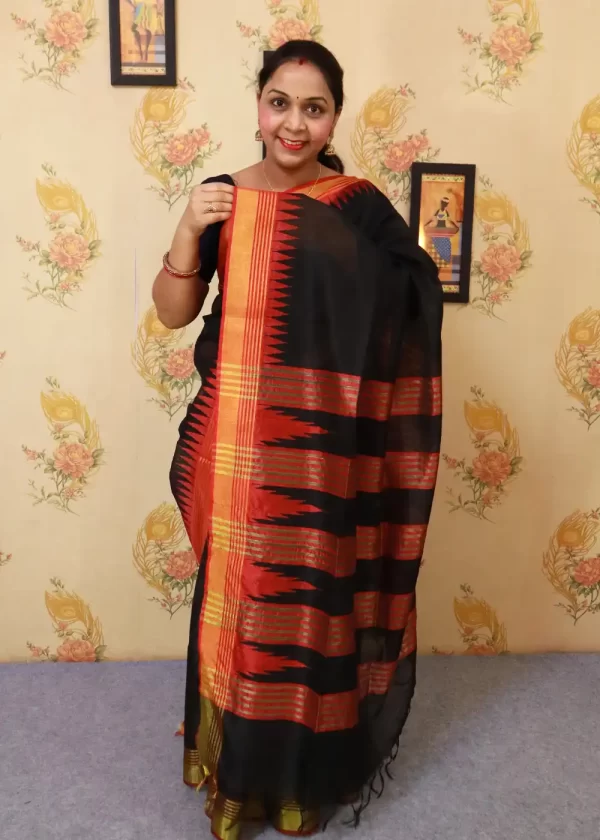 "Elegant black art silk saree with beautifully designed pallu." - Image 2