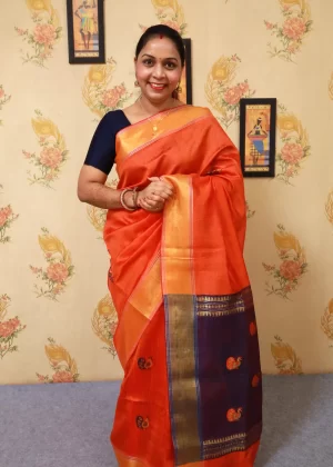 Orange colour Saree with Elegant Violet Pallu Design"Art Silk"