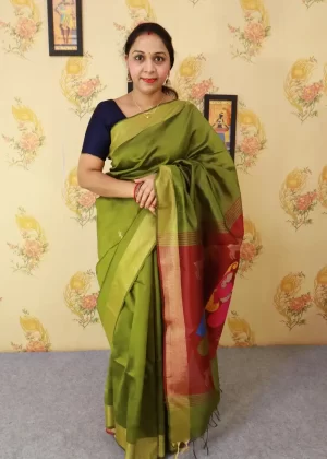 "Graceful mehendi art silk saree with intricate pallu design."