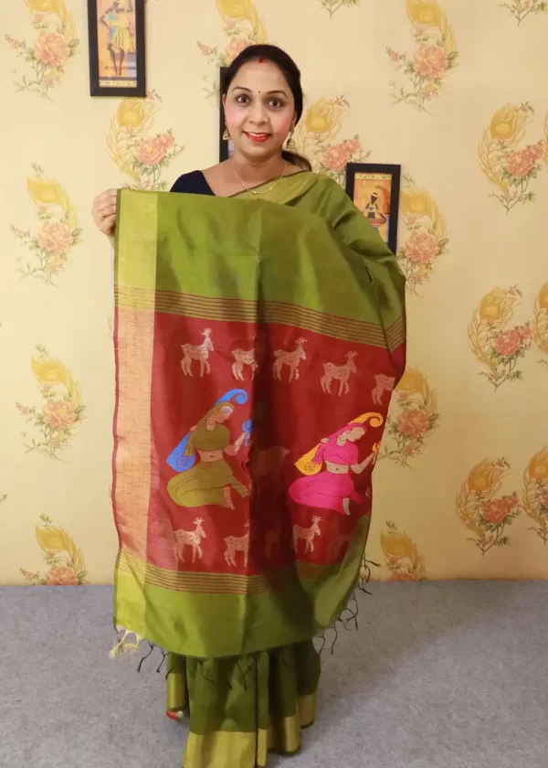 "Graceful mehendi art silk saree with intricate pallu design." - Image 2