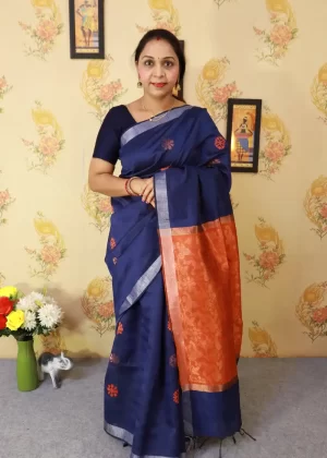 "Stunning blue art silk saree with exquisite pallu work."