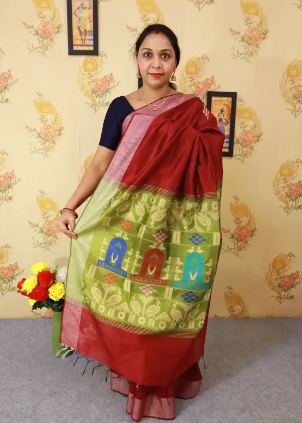 "Rich wine red art silk saree with mesmerizing pallu design." - Image 2