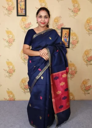 "Royal navy blue art silk saree with elegant pallu design."
