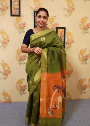 Mehndi Colour Saree with Elegant Orange Pallu"Art Silk"