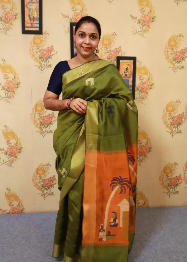 Mehndi Colour Saree with Elegant Orange Pallu"Art Silk"