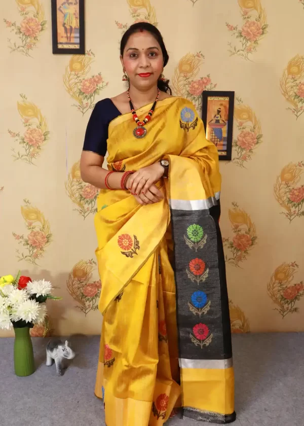Radiant yellow art silk saree with graceful pallu design.
