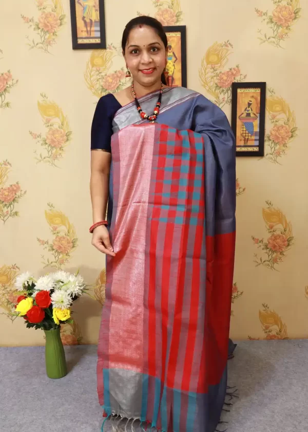 Hand-woven saree, crafted with elegance in navy grey.