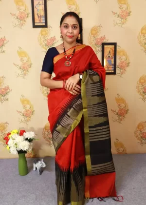 "Red temple stripe art silk saree with intricate pallu design."